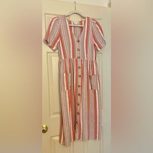 Love Riche Linen Pink and White Striped Midi Dress